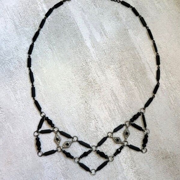 Matte Black Glass Beads and Gunmetal Gray Festoon 16" Necklace - Picture 3 of 3